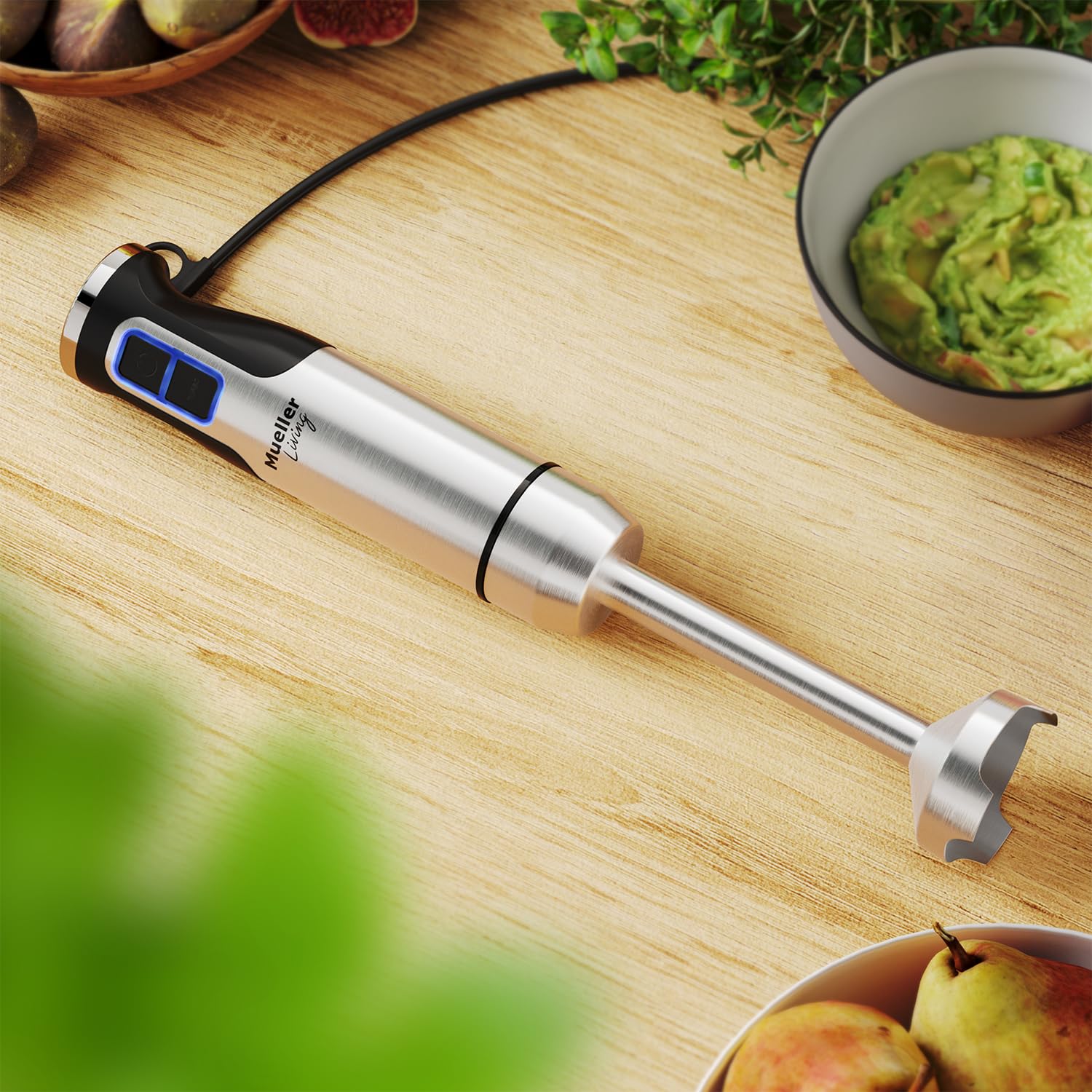 Mueller immersion blender purees vegetables into smooth dips and spreads.