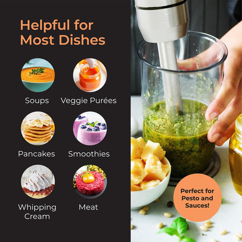 Mueller immersion blender in action blends soup to a creamy texture.
