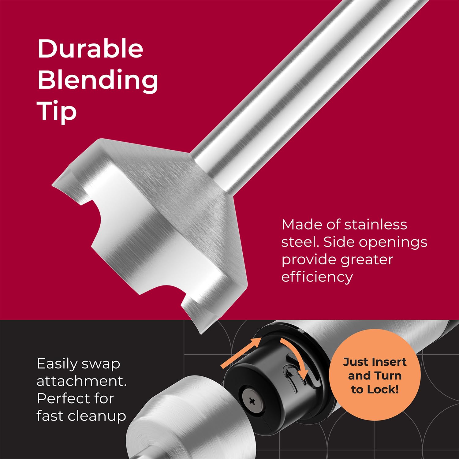 Mueller immersion blender blade close-up shows stainless steel precision for emulsions.