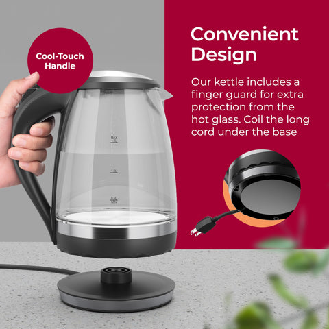 Mueller Living Glass Kettle anti-slip, heat-resistant handle provides comfortable grip.