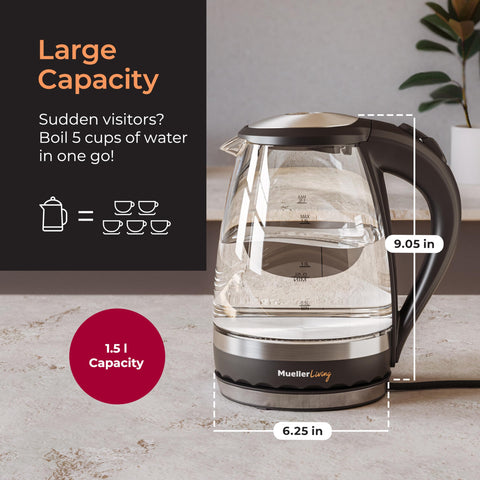 Mueller Living Glass Kettle base keeps cord organized for safe, clutter-free pouring.