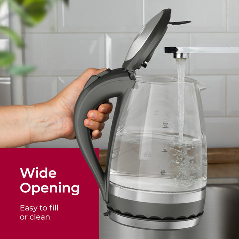 Mueller Living Glass Kettle cordless pouring offers easy, untethered serving.