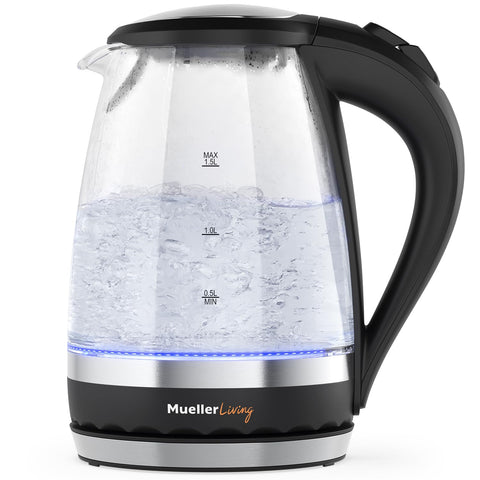 Mueller Living Glass Kettle front view for quick, hot water.