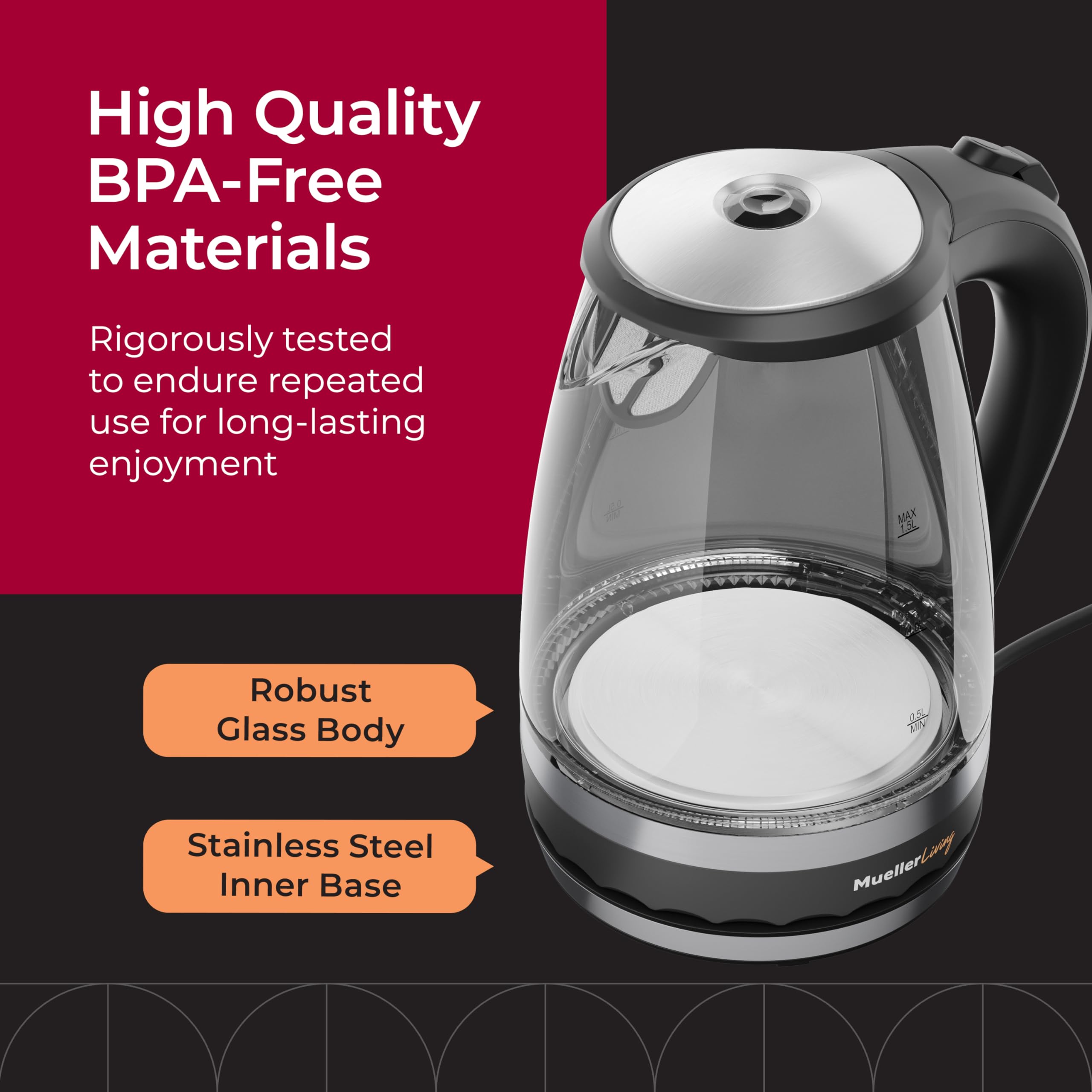 Mueller Living Glass Kettle full boil view highlights readiness for tea or coffee.