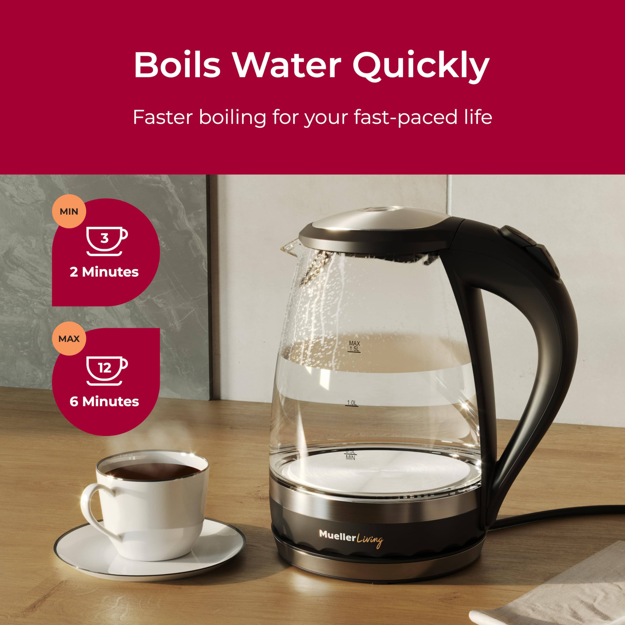 Mueller Living Glass Kettle LED light enhances the boiling process with a stylish glow.