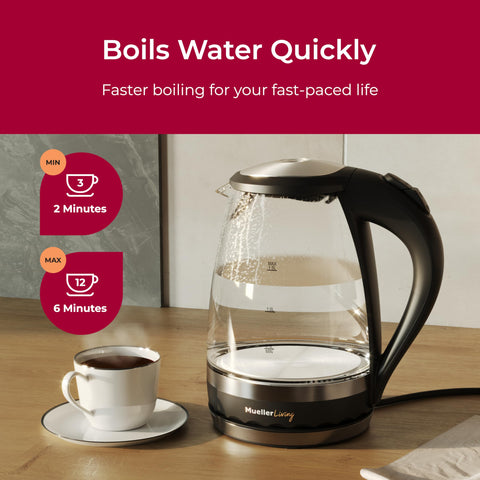 Mueller Living Glass Kettle LED light enhances the boiling process with a stylish glow.