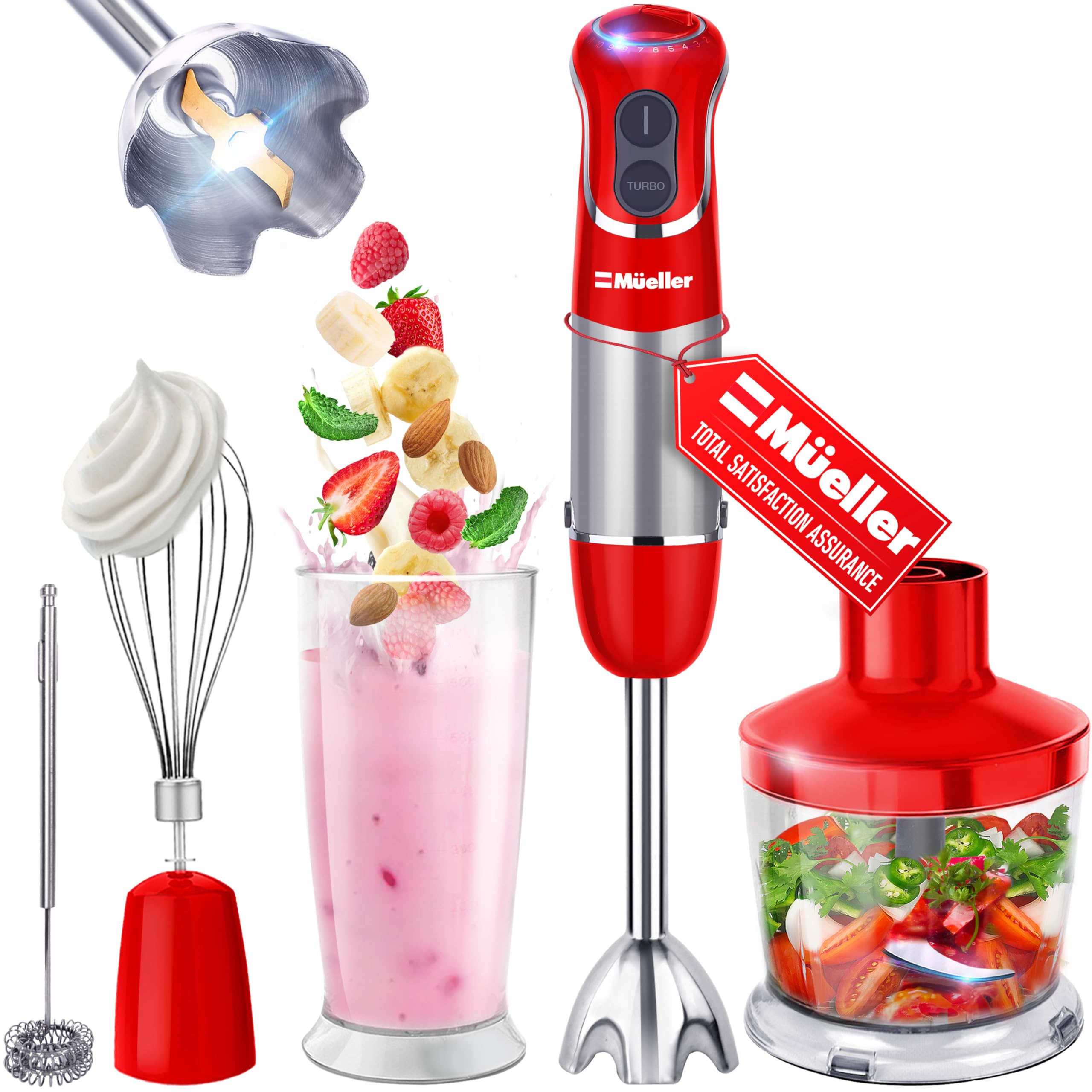 Mueller Multistick 800W immersion blender in action blending smoothies with ease