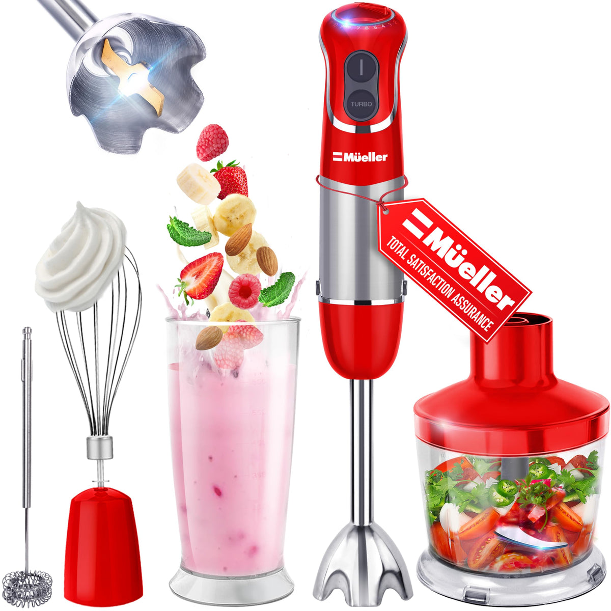 Mueller Multistick 800W immersion blender in action blending smoothies with ease