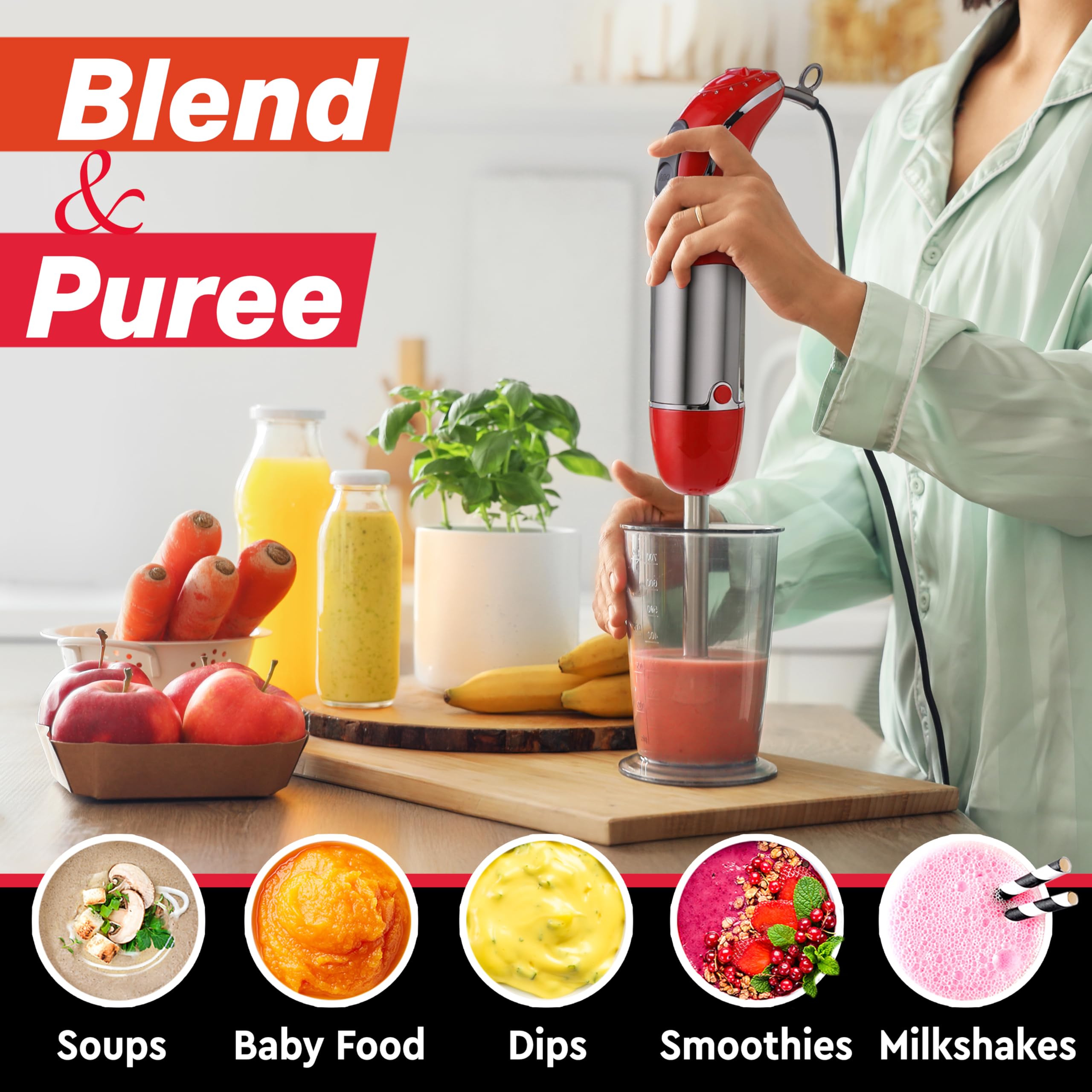 Attachments including whisk, chopper, and beaker expand cooking options