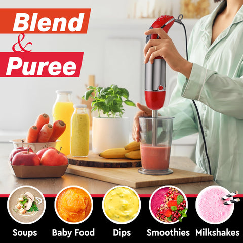 Attachments including whisk, chopper, and beaker expand cooking options