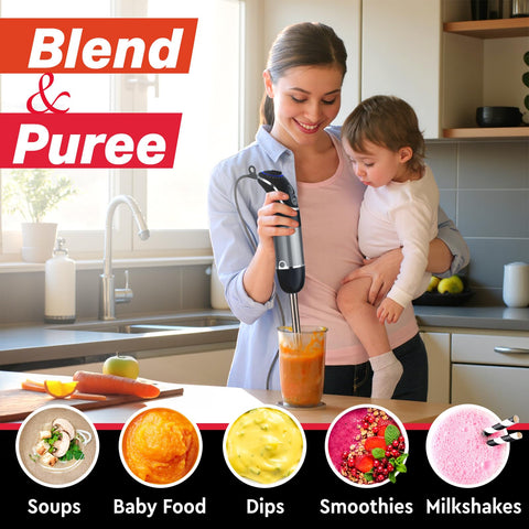 Mueller Multistick ergonomic non-slip handle for comfortable control during blending.