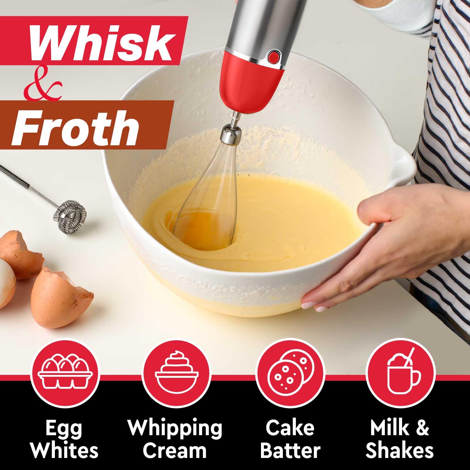 Milk frother wand creates creamy foams for lattes and desserts
