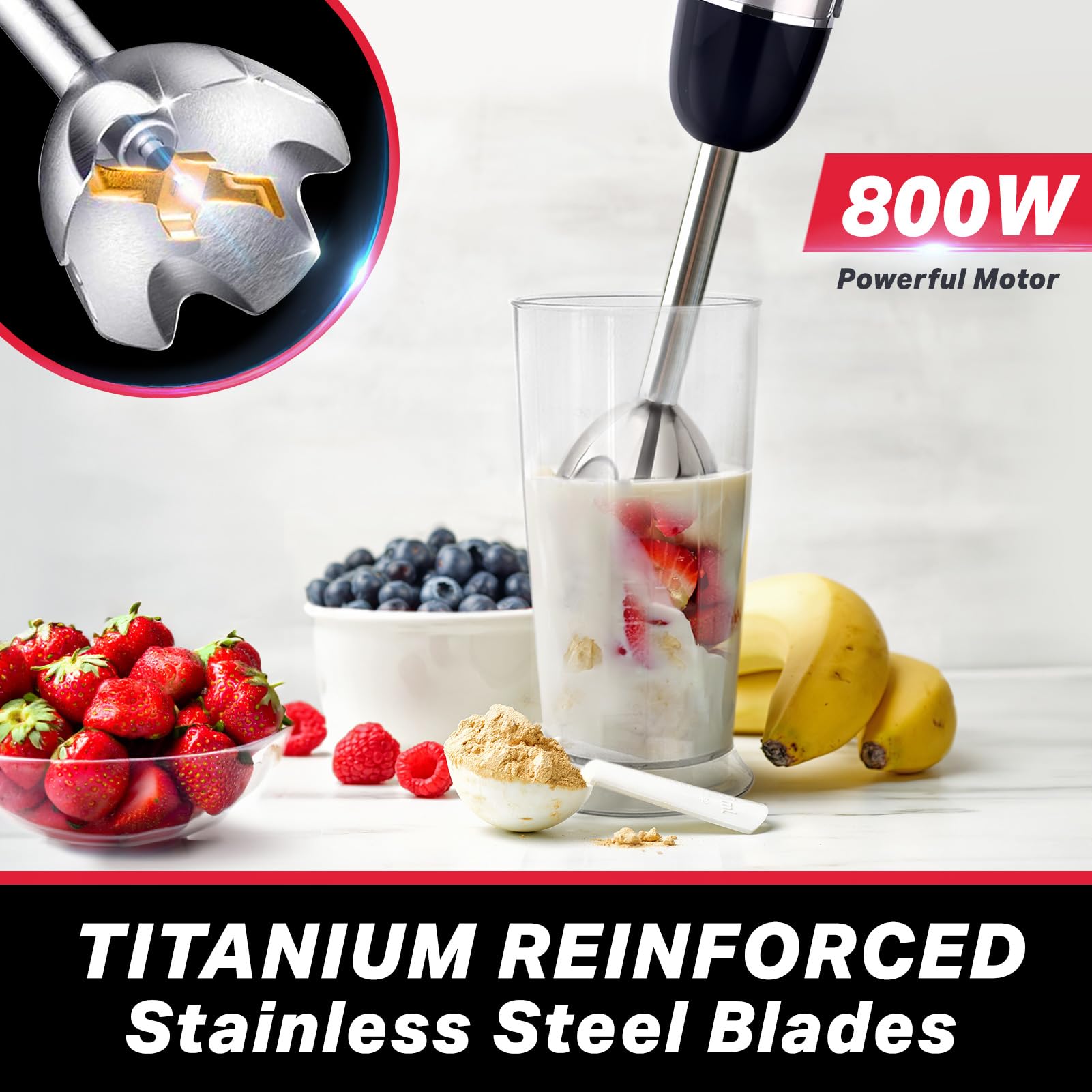 Mueller Multistick titanium blades delivering fast, even blends for smoothies and soups.