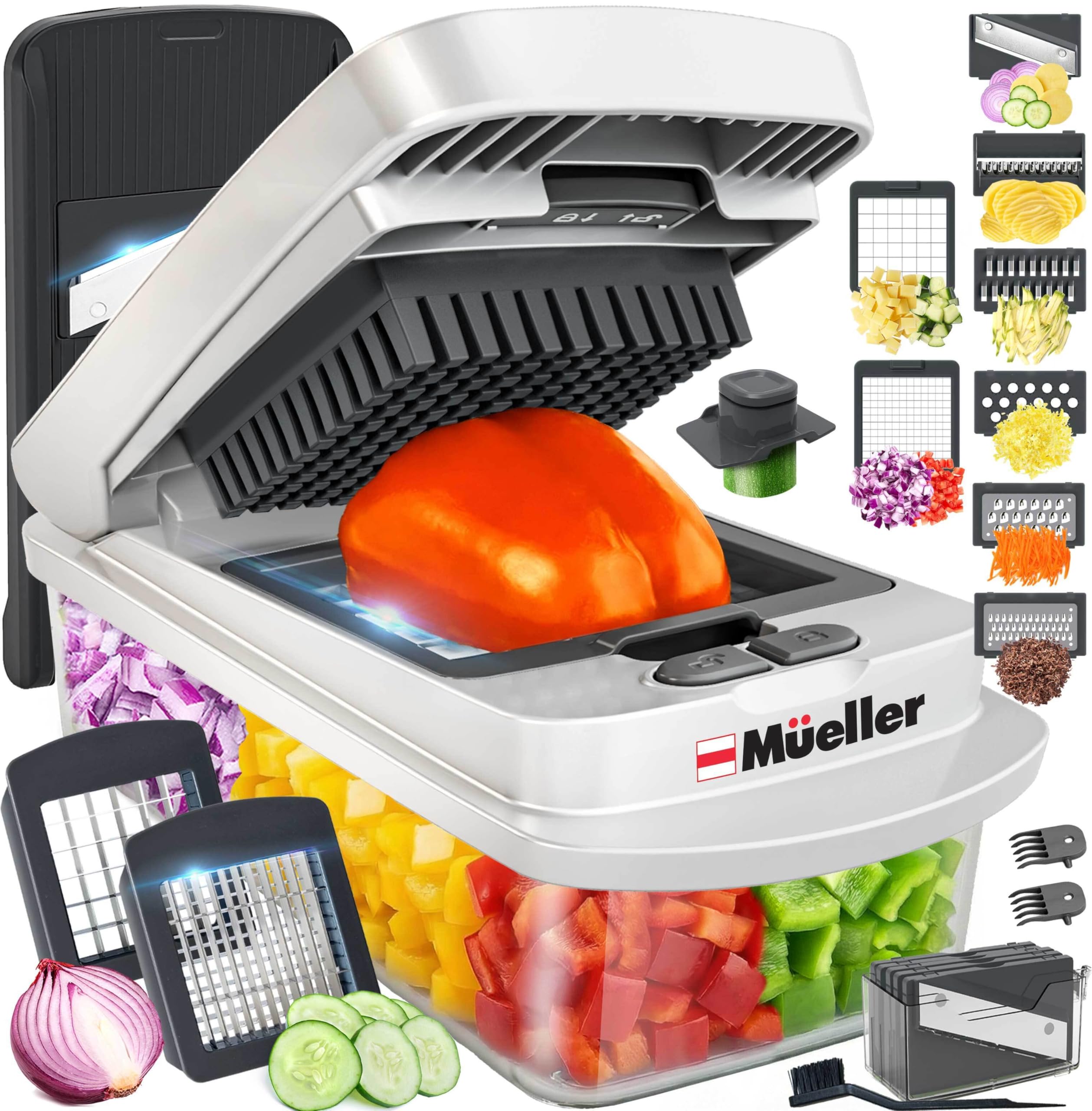 Mueller Pro Chopper top view reveals compact 10-in-1 design for quick prep