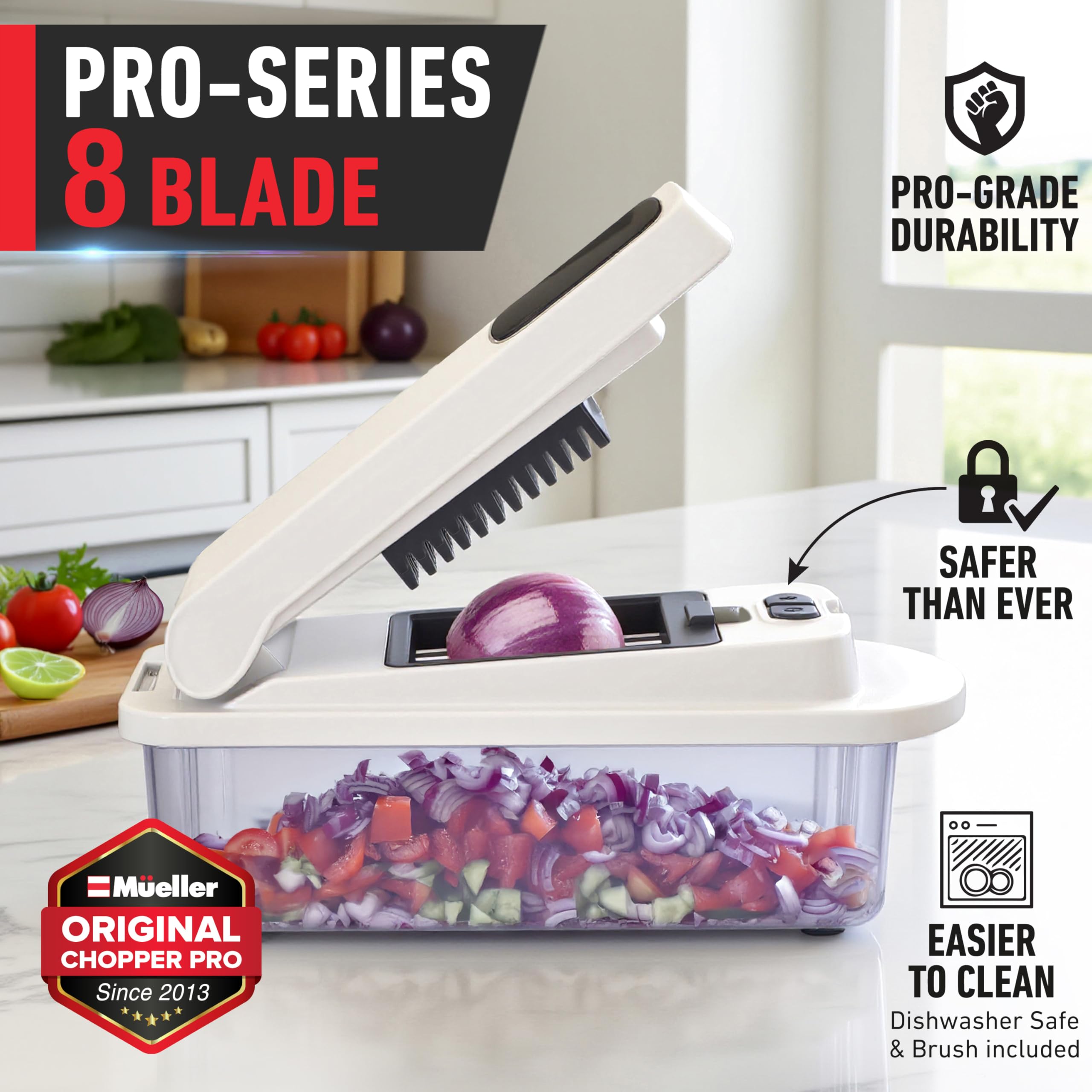 Mueller Pro Chopper with two blade sizes ready for precise slicing