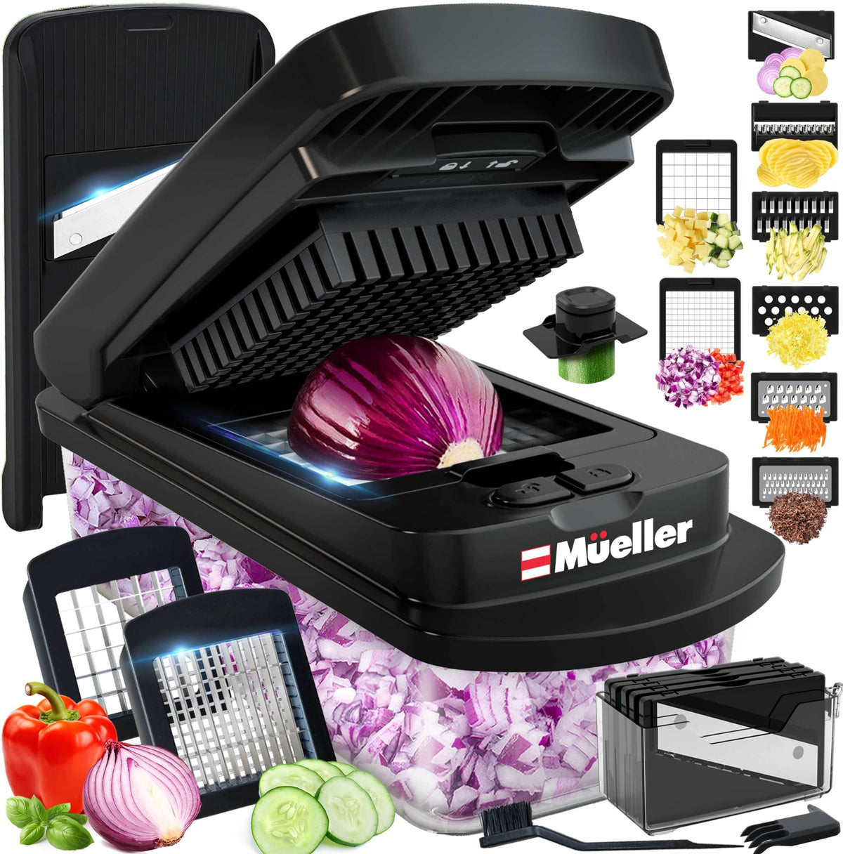Mueller Pro-Series 10-in-1 chopper with 8 blades enabling fast, precise prep