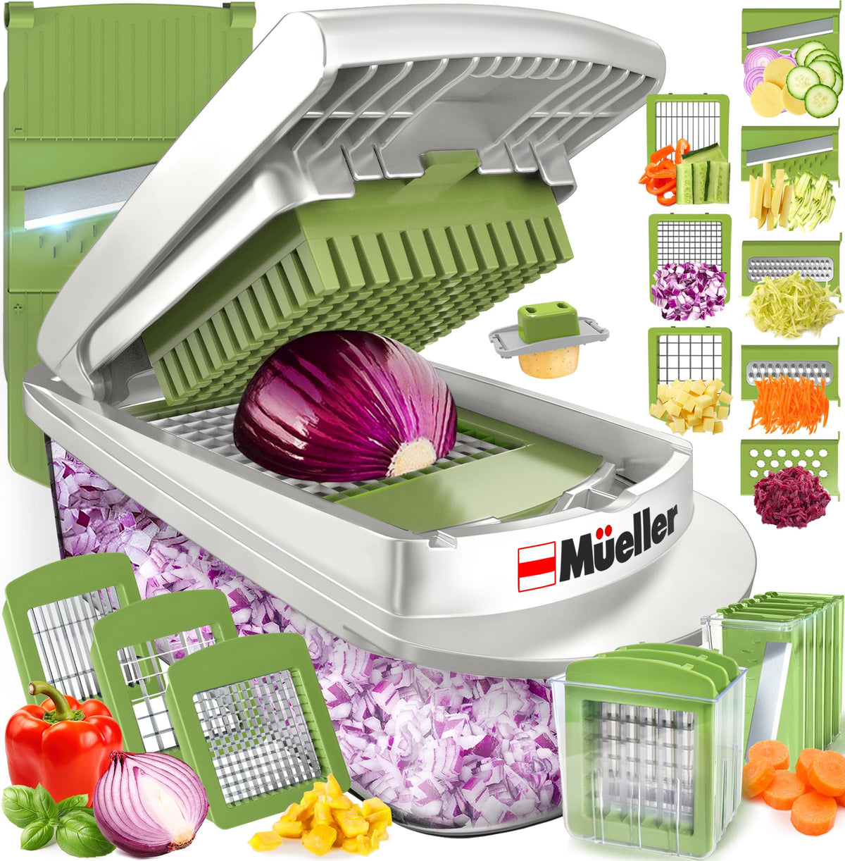 Mueller Pro-Series 10-in-1 chopper on counter speeds meal prep.