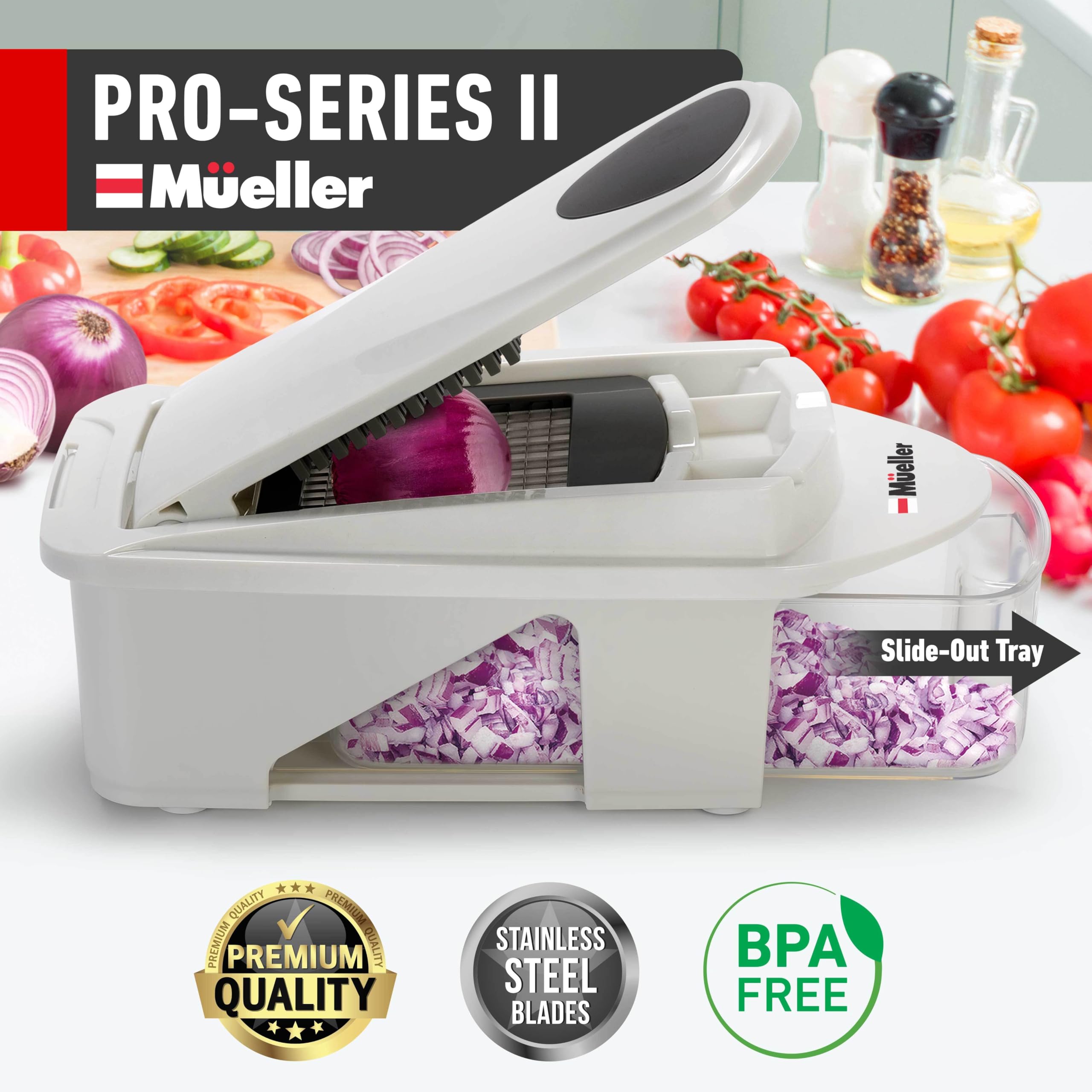 Mueller Pro-Series blade set highlights precise slicing for uniform onions and peppers