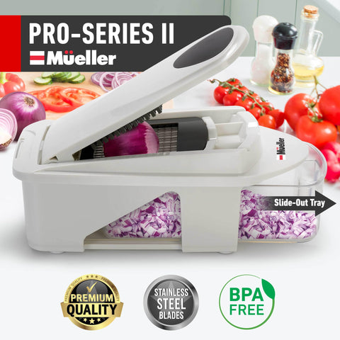 Mueller Pro-Series blade set highlights precise slicing for uniform onions and peppers
