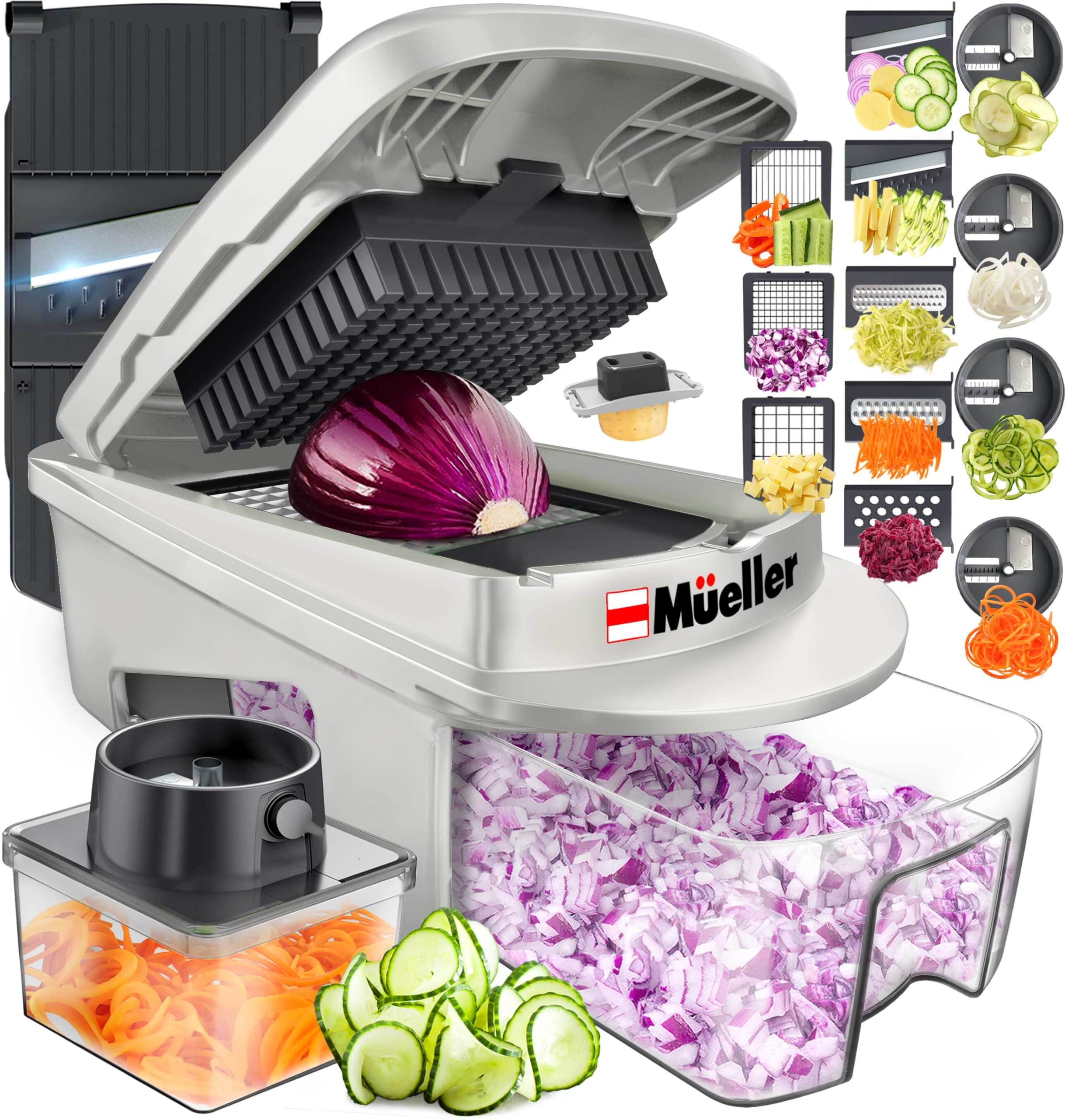 Mueller Pro-Series mandoline front view shows compact, efficient prep tool for busy kitchens