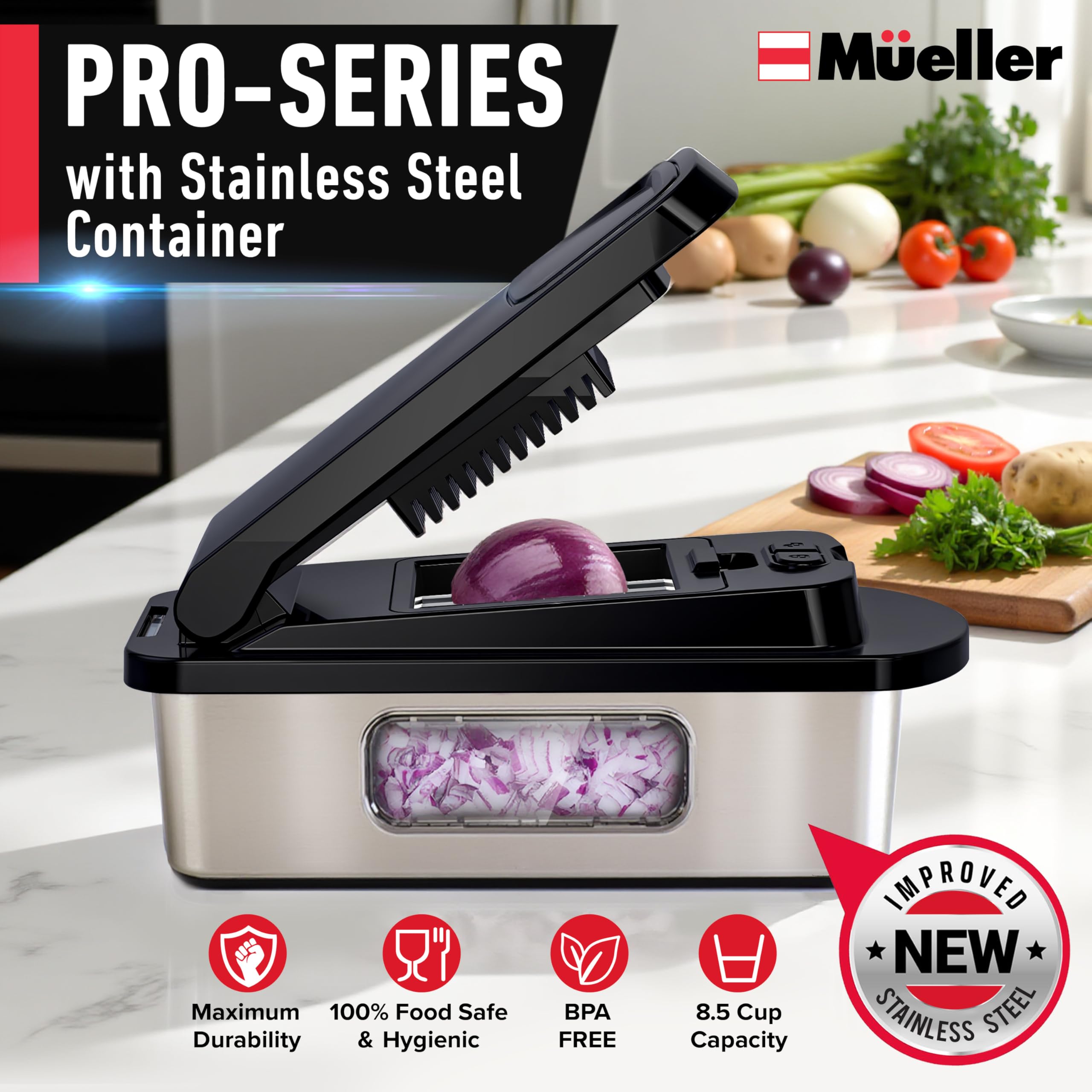 Mueller Pro-Series 8 blades assembly enables quick slicing, julienne, and grating.