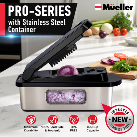 Mueller Pro-Series 8 blades assembly enables quick slicing, julienne, and grating.