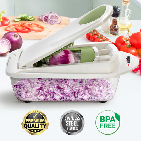 Mueller Pro-Series 8-blade set enables slicing and shredding.