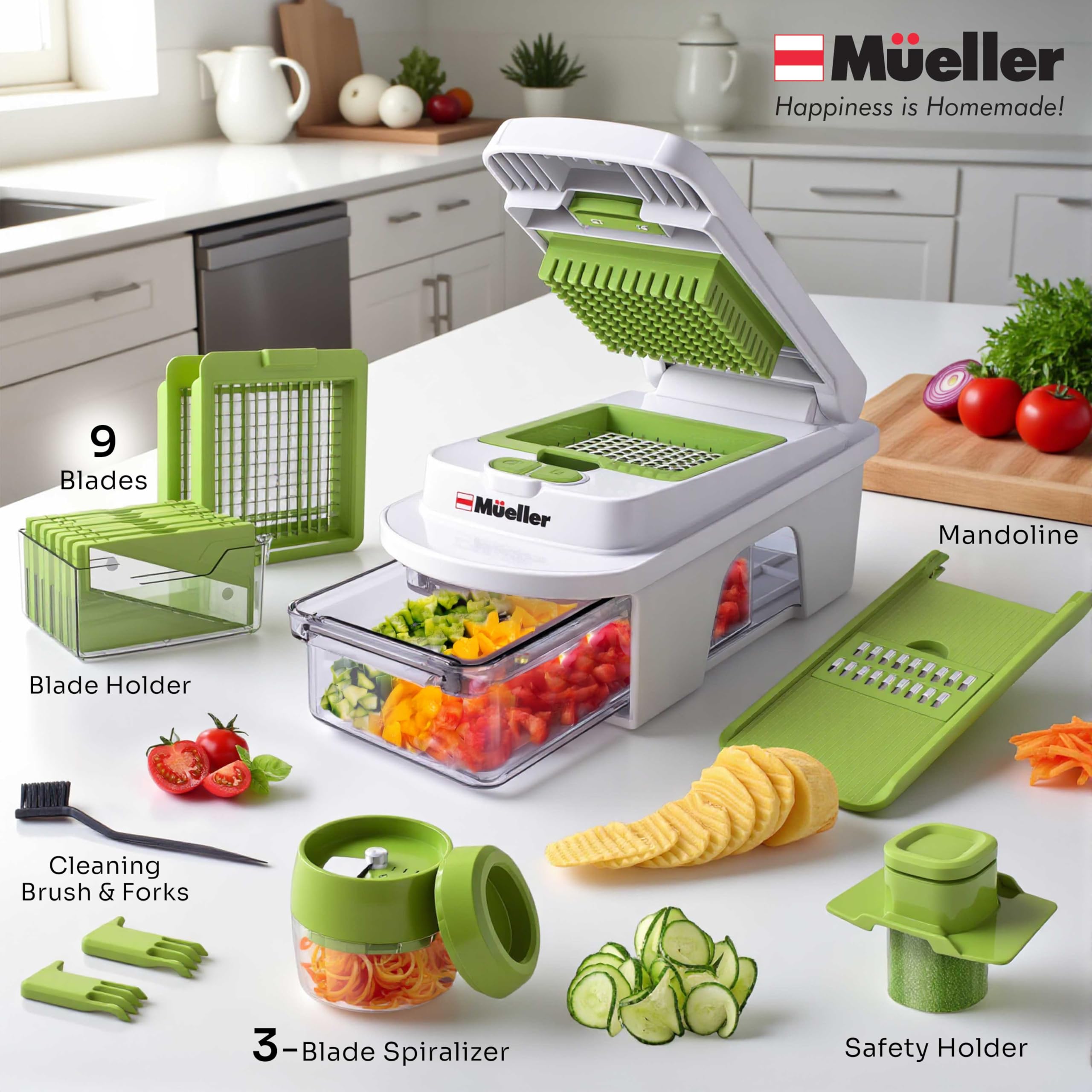 Mueller parts are dishwasher-safe for quick cleaning and easy maintenance