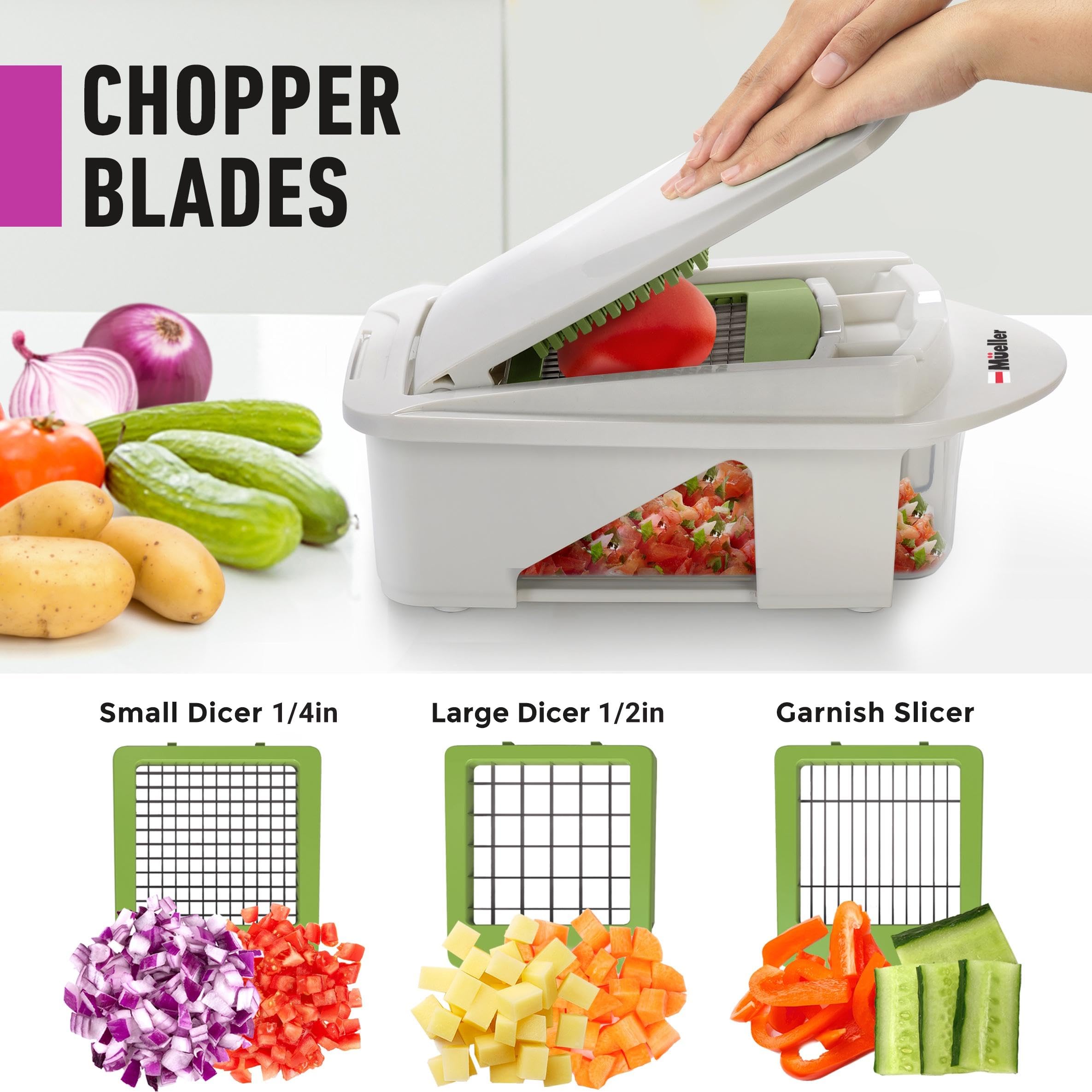 Mueller food container and holder stabilize small veggies during safe slicing
