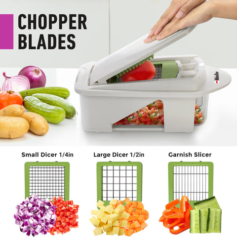 Mueller food container and holder stabilize small veggies during safe slicing