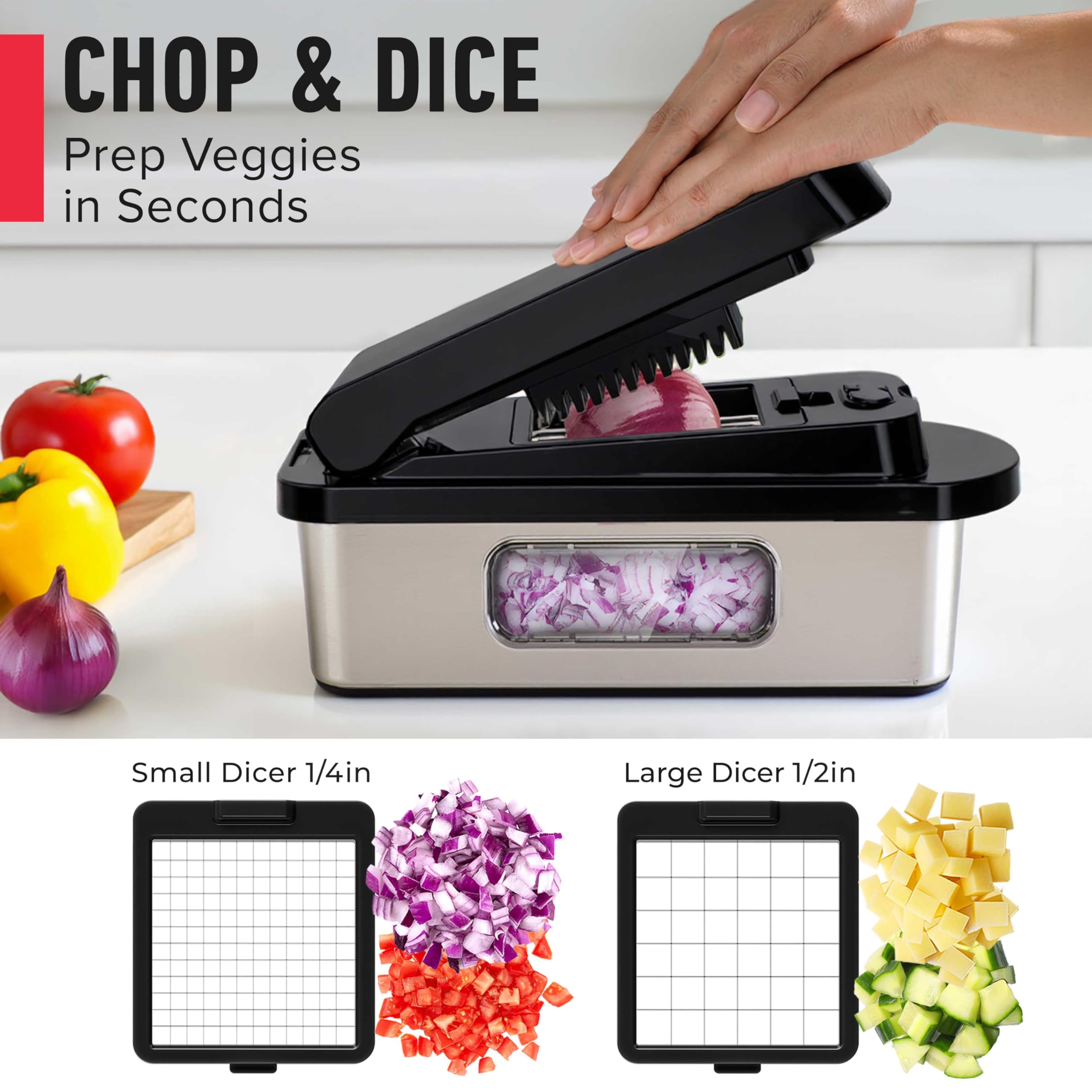 Mueller Pro-Series food holder steadies small vegetables for safe slicing.