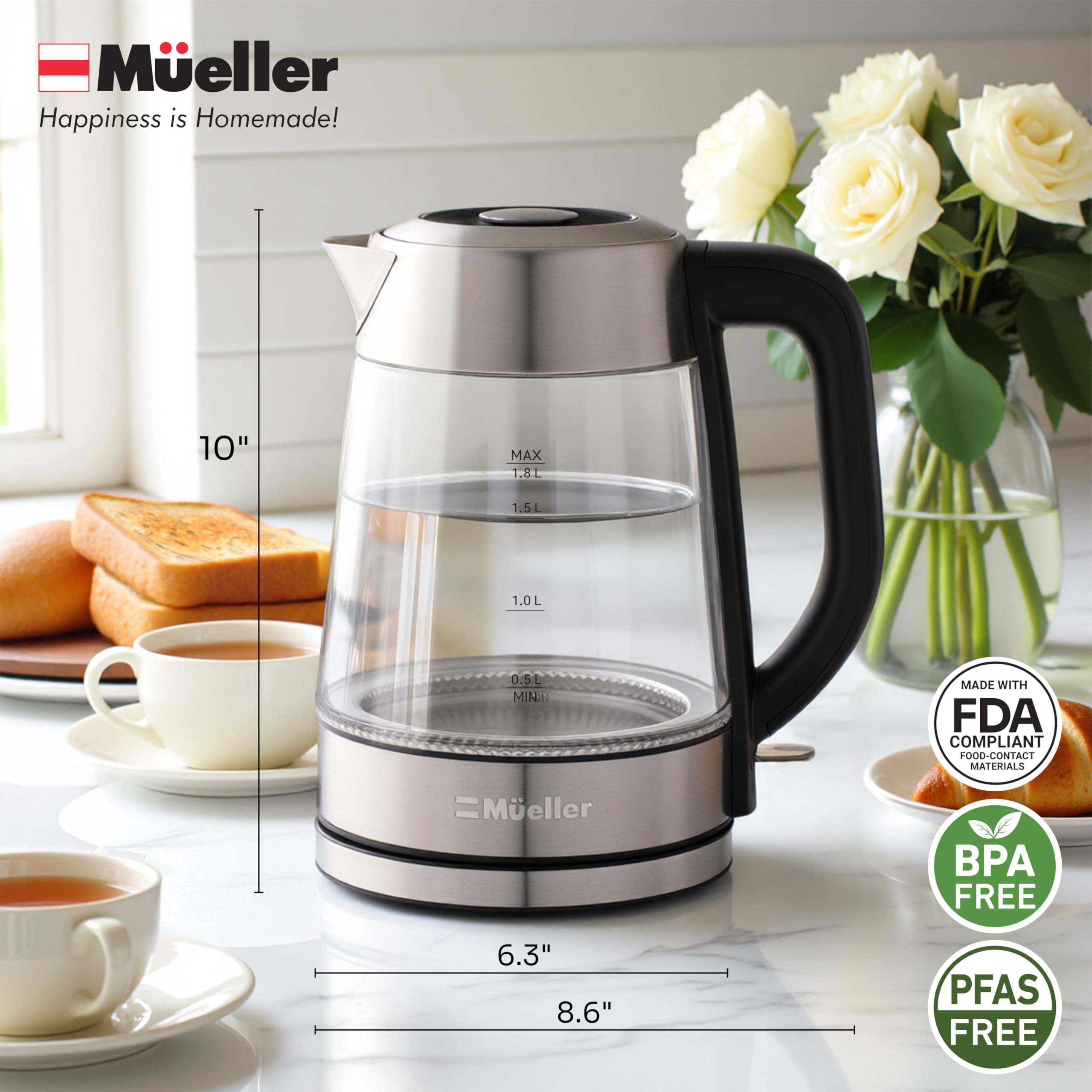 Mueller Rapid Boil Kettle auto shut-off and boil-dry protection for safety.