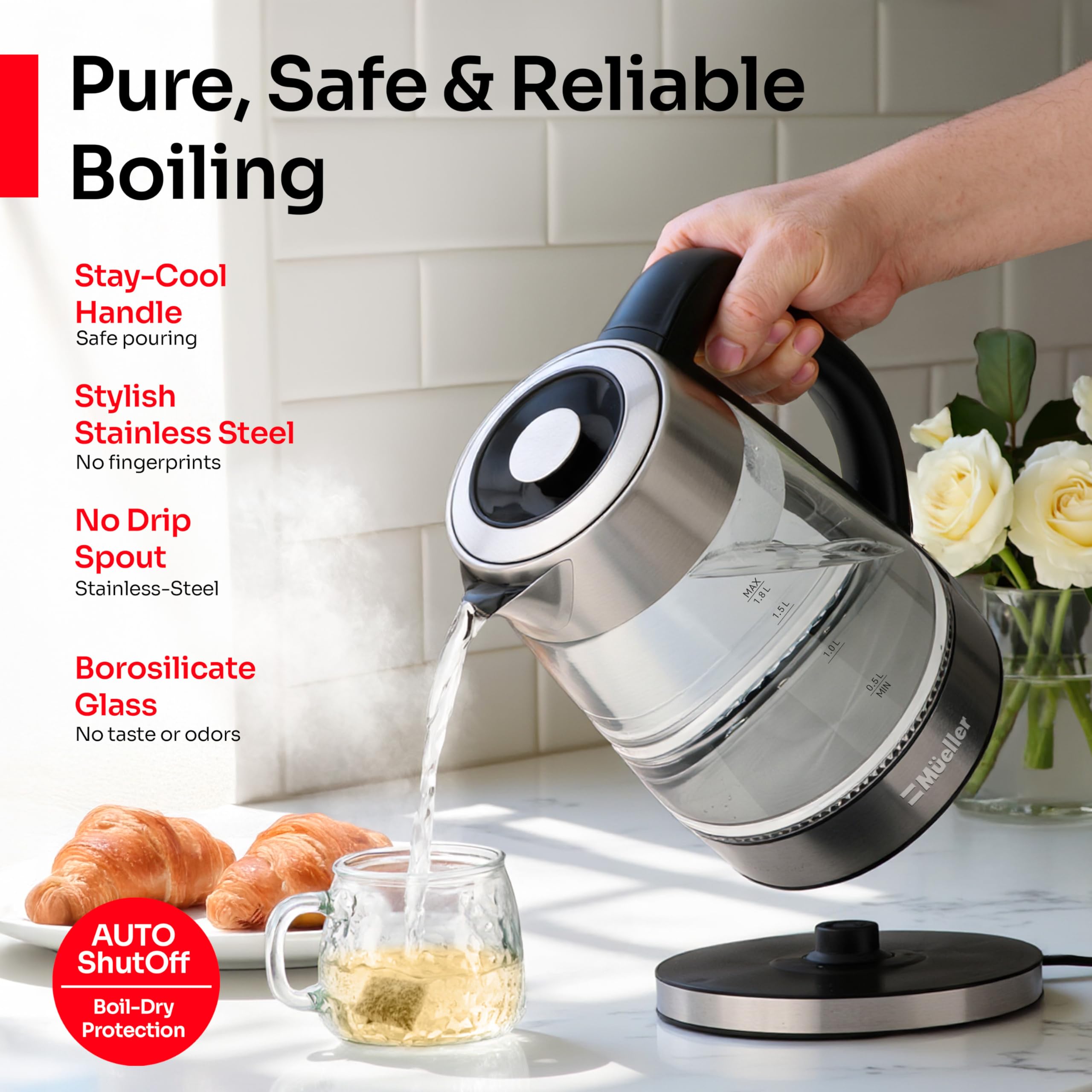 Mueller Rapid Boil Kettle blue LED indicator during heating.
