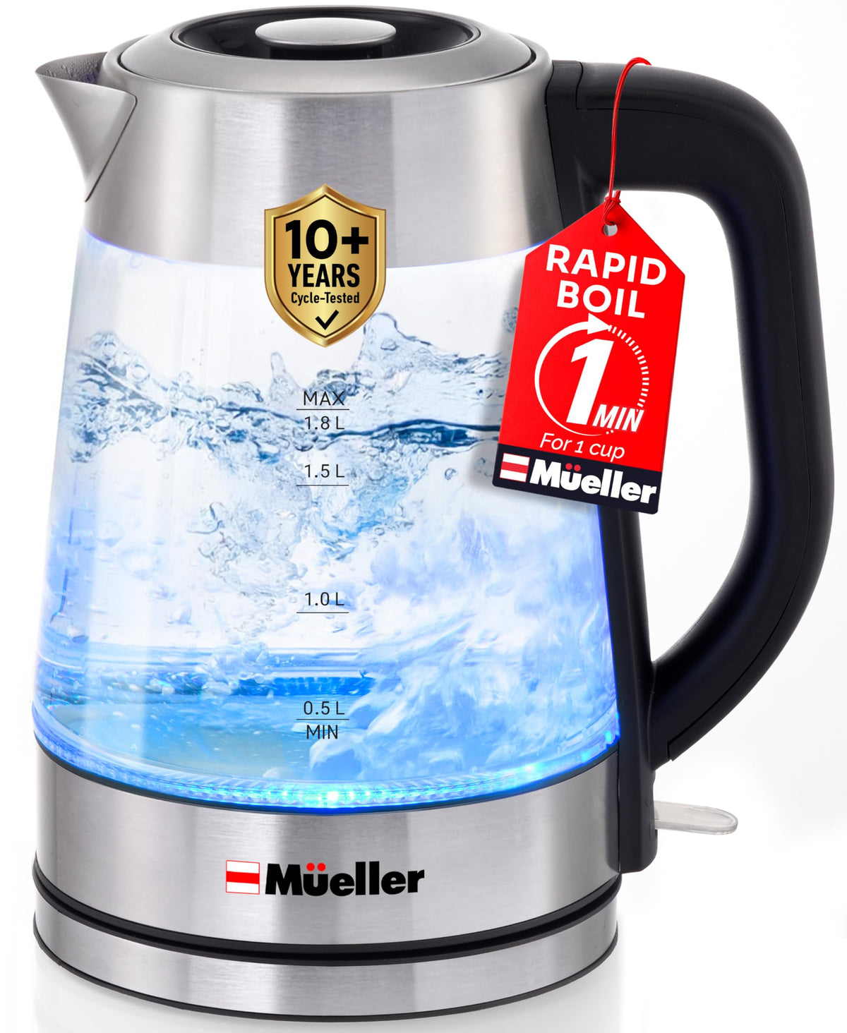 Mueller Rapid Boil Kettle with glass body heats water quickly.