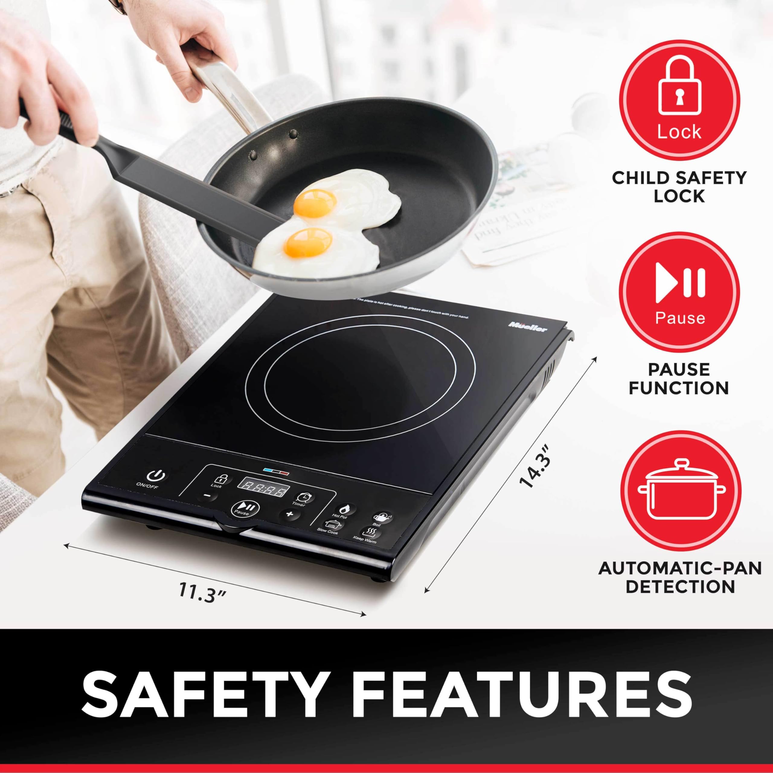 Mueller RapidTherm auto pan detect prevents use without suitable cookware.