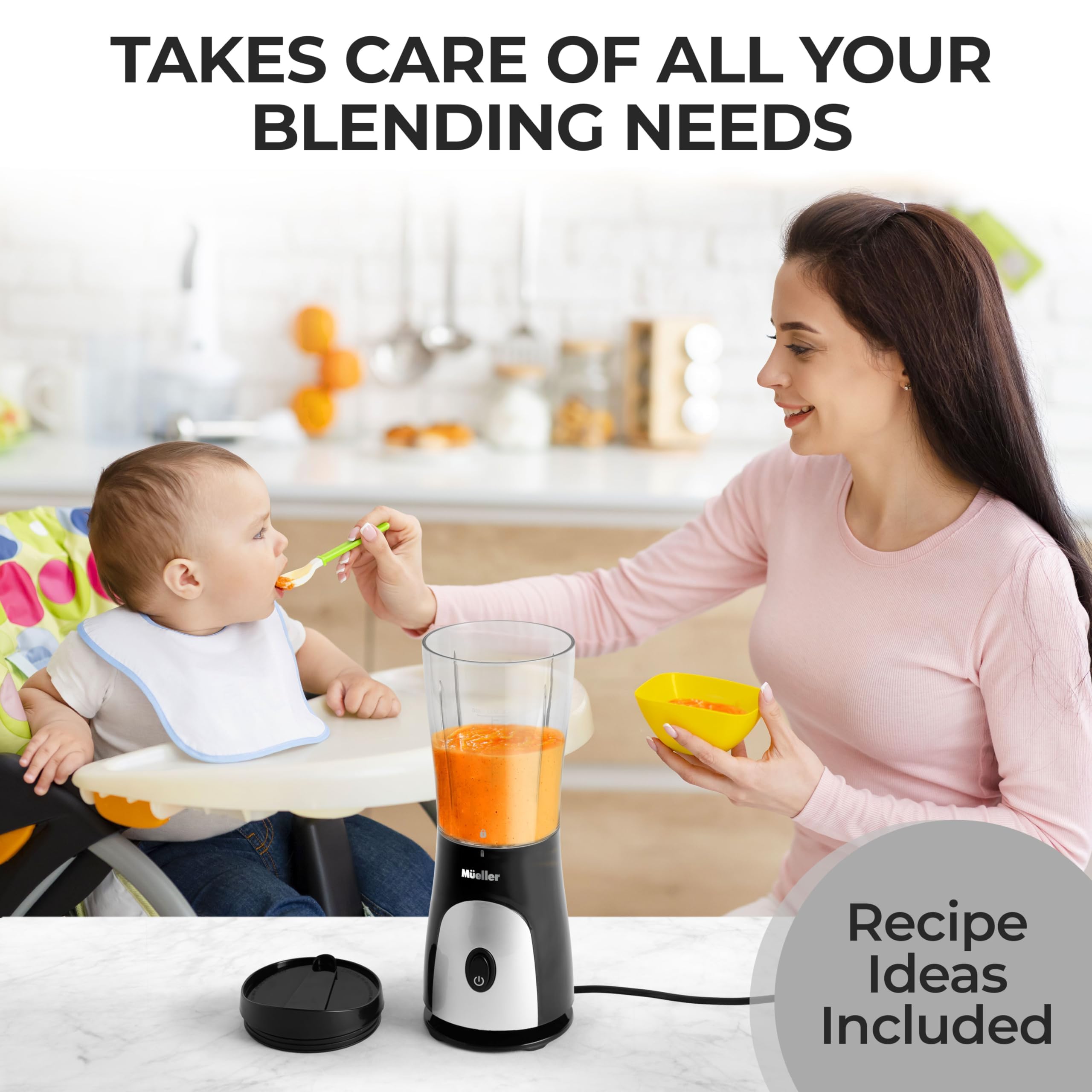 Mueller Smoothie Blender baby-food use illustrates versatile blending for gentle textures.