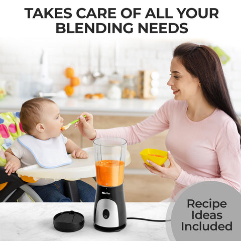 Mueller Smoothie Blender baby-food use illustrates versatile blending for gentle textures.