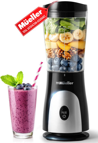Mueller Smoothie Blender front view highlights the compact black design for quick shakes.