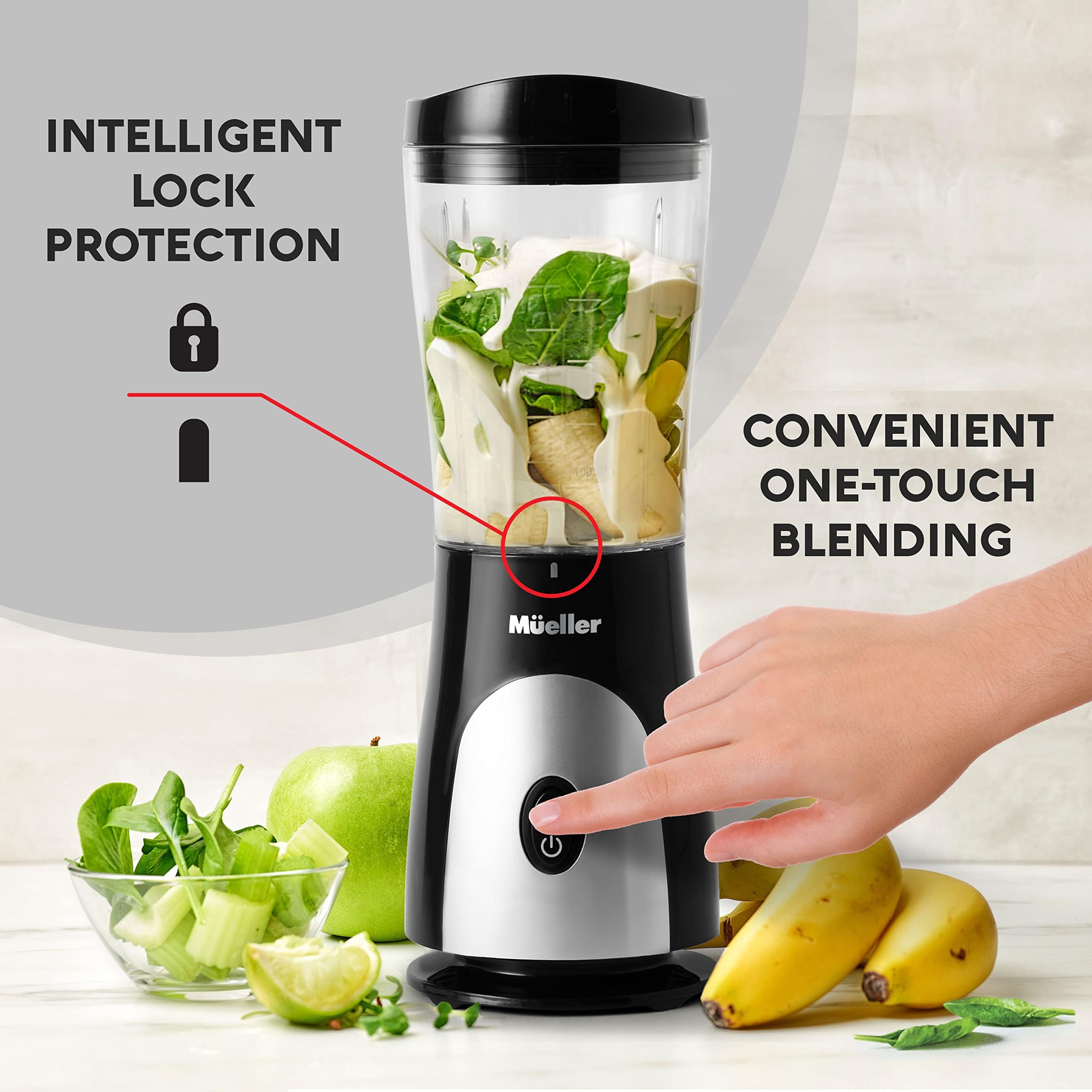 Mueller Smoothie Blender one-touch operation emphasizes simple, fast prep.
