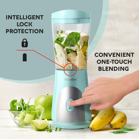 Mueller Smoothie Blender four stainless steel blades ready to pulverize ingredients