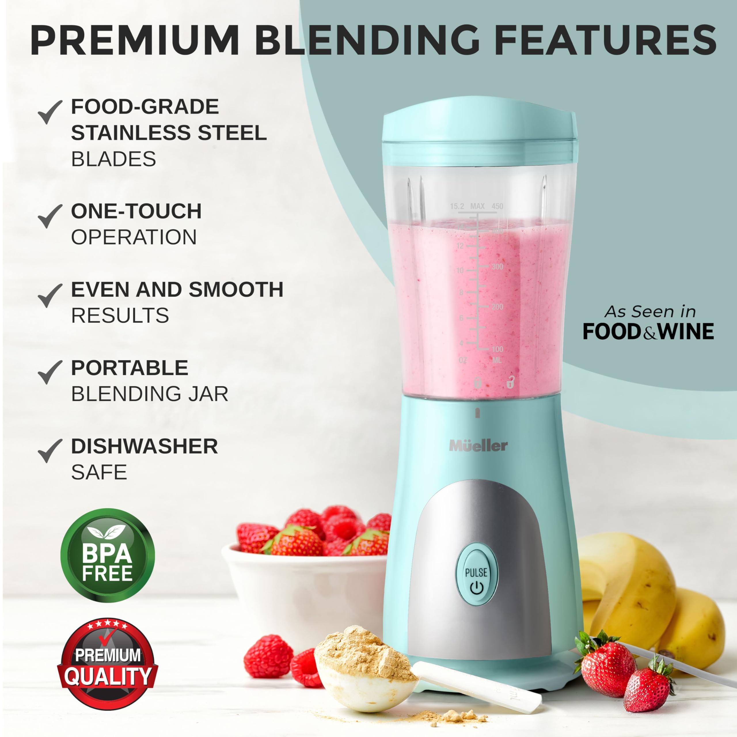 Mueller Smoothie Blender travel cup and lid shown for easy portability