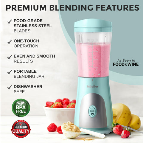 Mueller Smoothie Blender travel cup and lid shown for easy portability