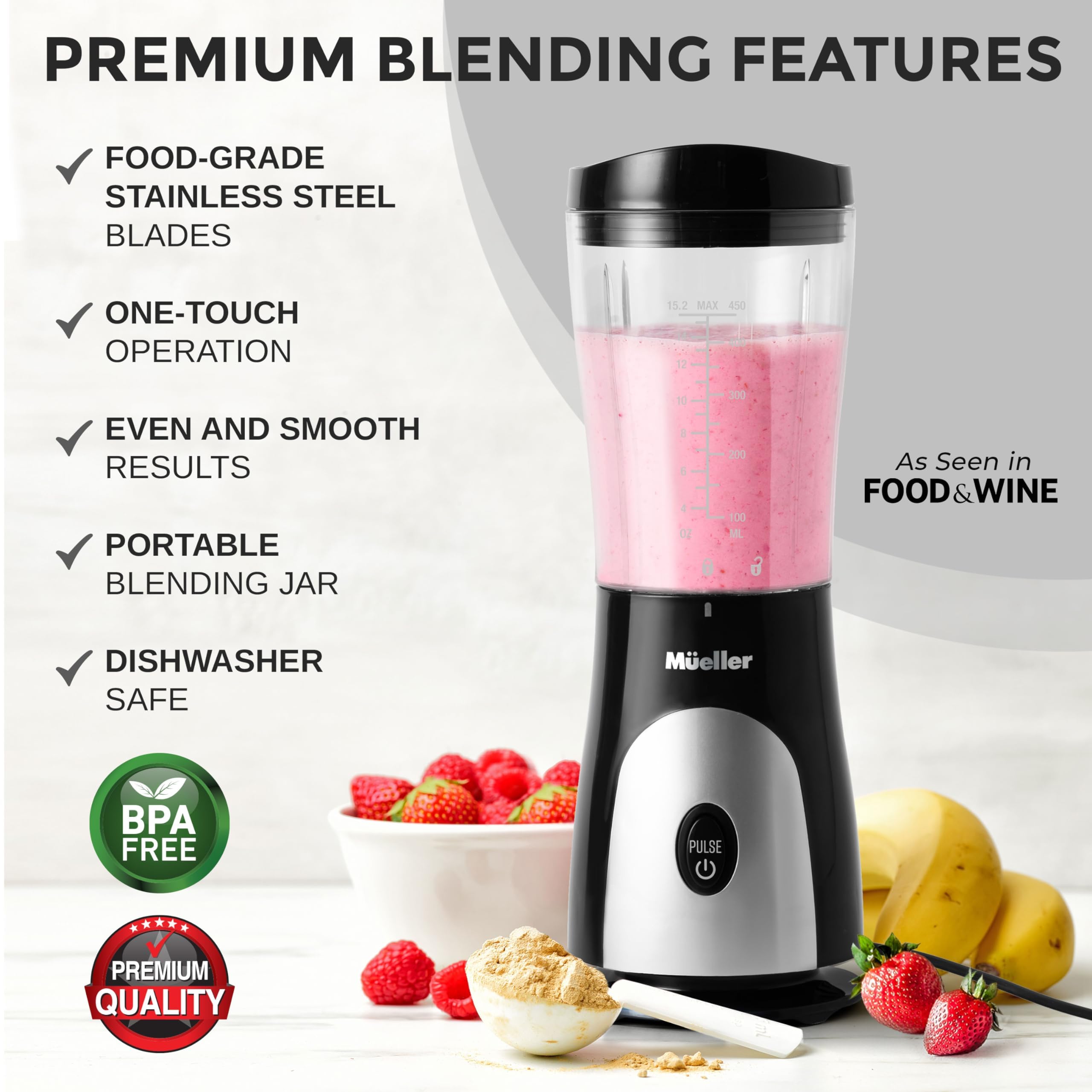Mueller Smoothie Blender travel cup with lid demonstrates on-the-go drinking convenience.