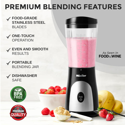 Mueller Smoothie Blender travel cup with lid demonstrates on-the-go drinking convenience.