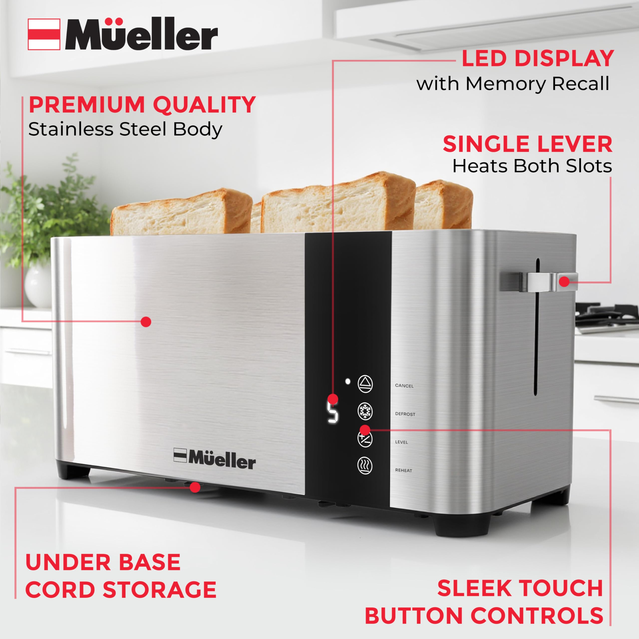 Mueller UltraCrisp toaster fits long bagel slices for versatile breakfasts.