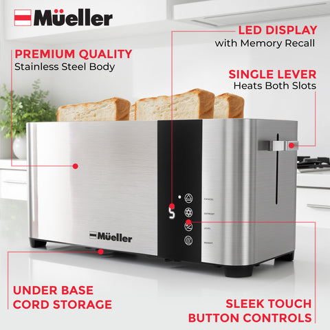 Mueller UltraCrisp toaster fits long bagel slices for versatile breakfasts.