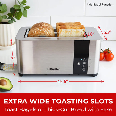 Mueller UltraCrisp toaster LED display clearly shows browning level for precise toasting.