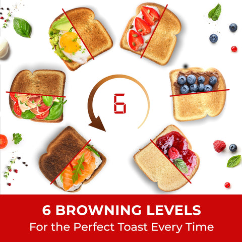 Mueller UltraCrisp toaster self-centering guides keep slices even during toasting.