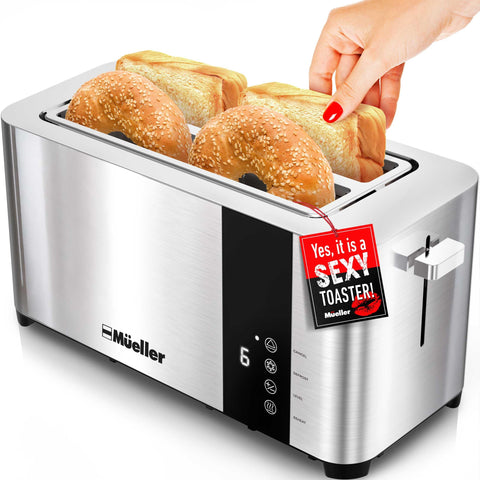 Mueller UltraCrisp toaster with extra-wide slots for bagels and thick bread.