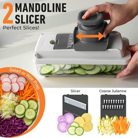 Mueller Chopper with built-in dicer handles multiple tasks in one session.